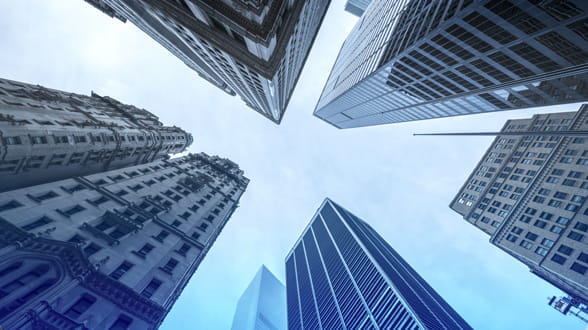 View looking up at skyscrapers from the ground