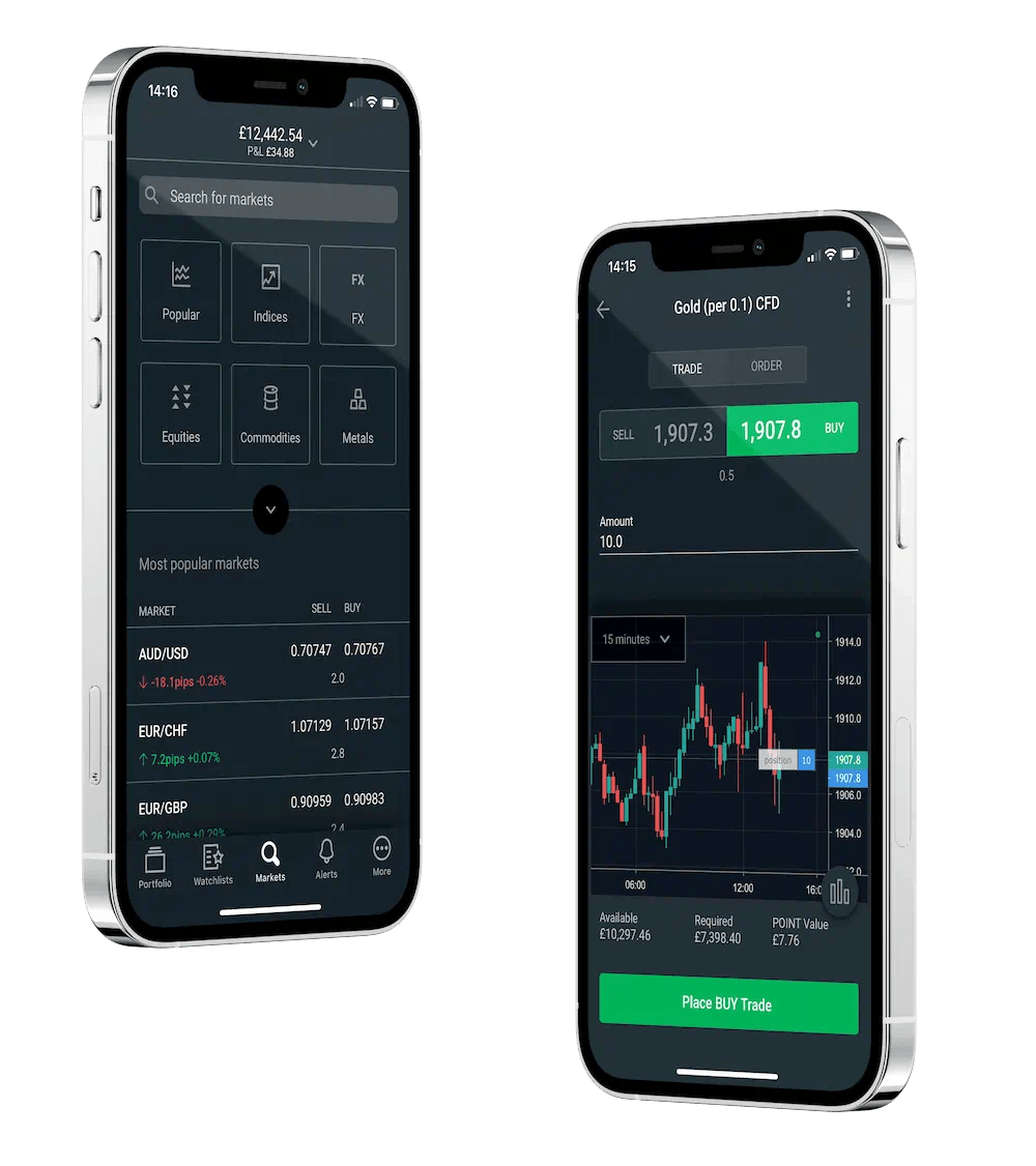 2 mobile phones showing trading app and Gold screens